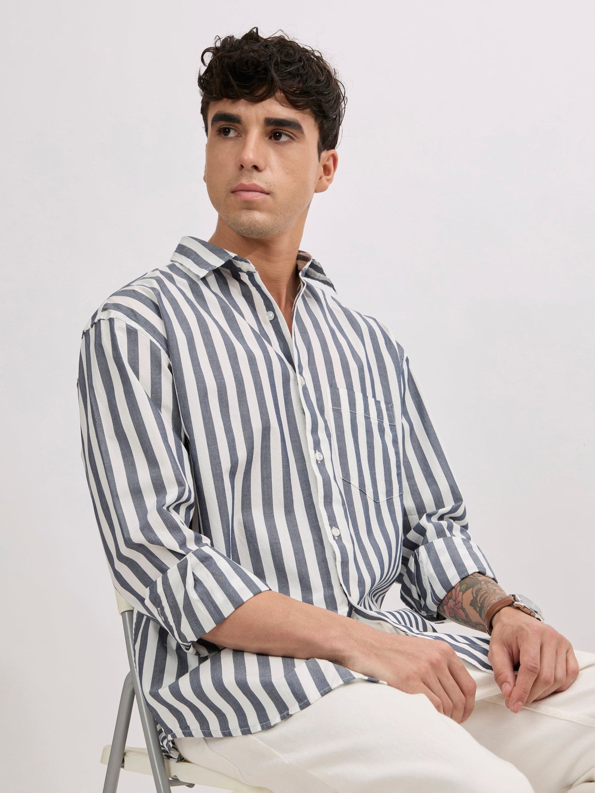 Veil - Cotton Oversized Striped shirt - Monochrome - Espanshe