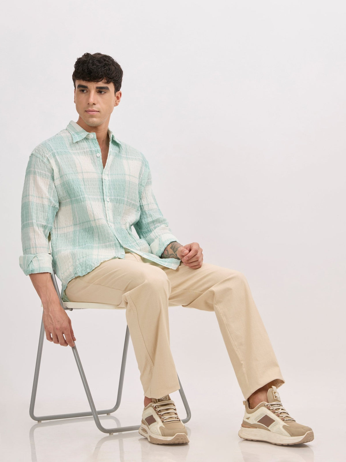 Golden Dragon - Seersucker Check Shirt - Pale Green - Espanshe