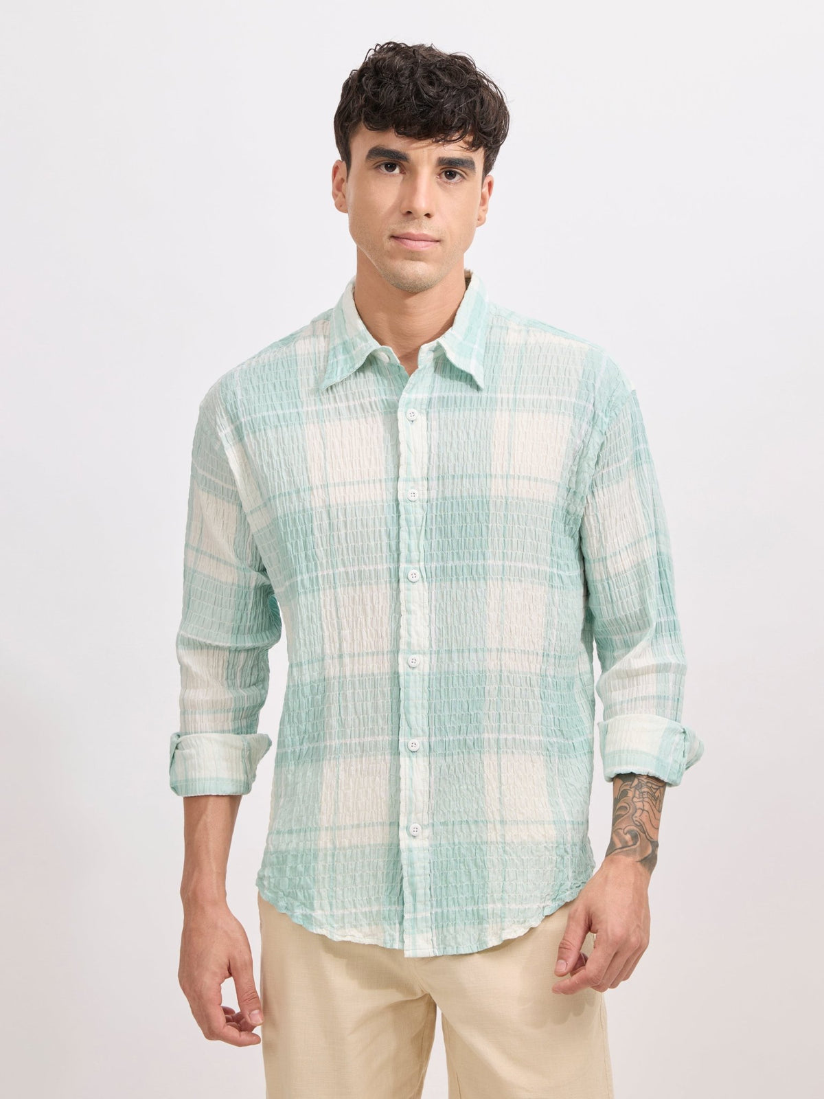Golden Dragon - Seersucker Check Shirt - Pale Green - Espanshe