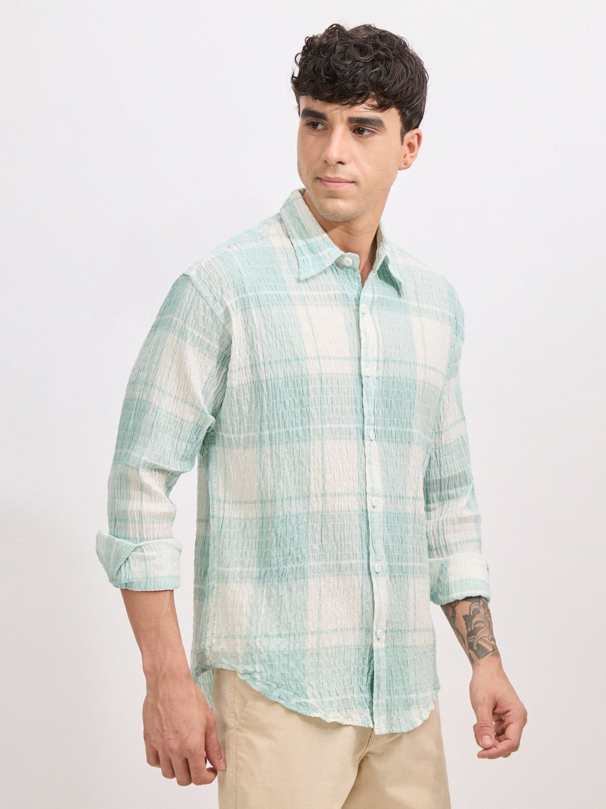 Golden Dragon - Seersucker Check Shirt - Pale Green - Espanshe