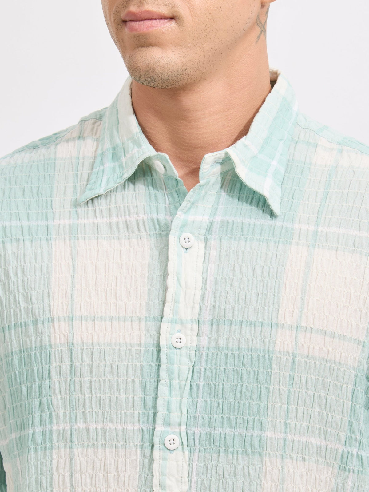 Golden Dragon - Seersucker Check Shirt - Pale Green - Espanshe