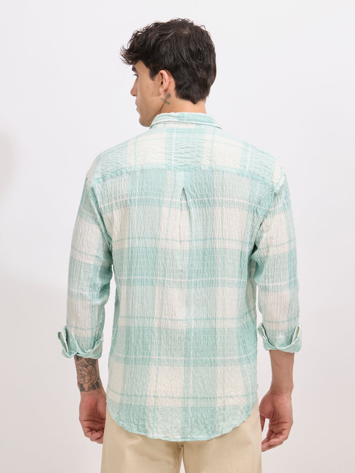 Golden Dragon - Seersucker Check Shirt - Pale Green - Espanshe