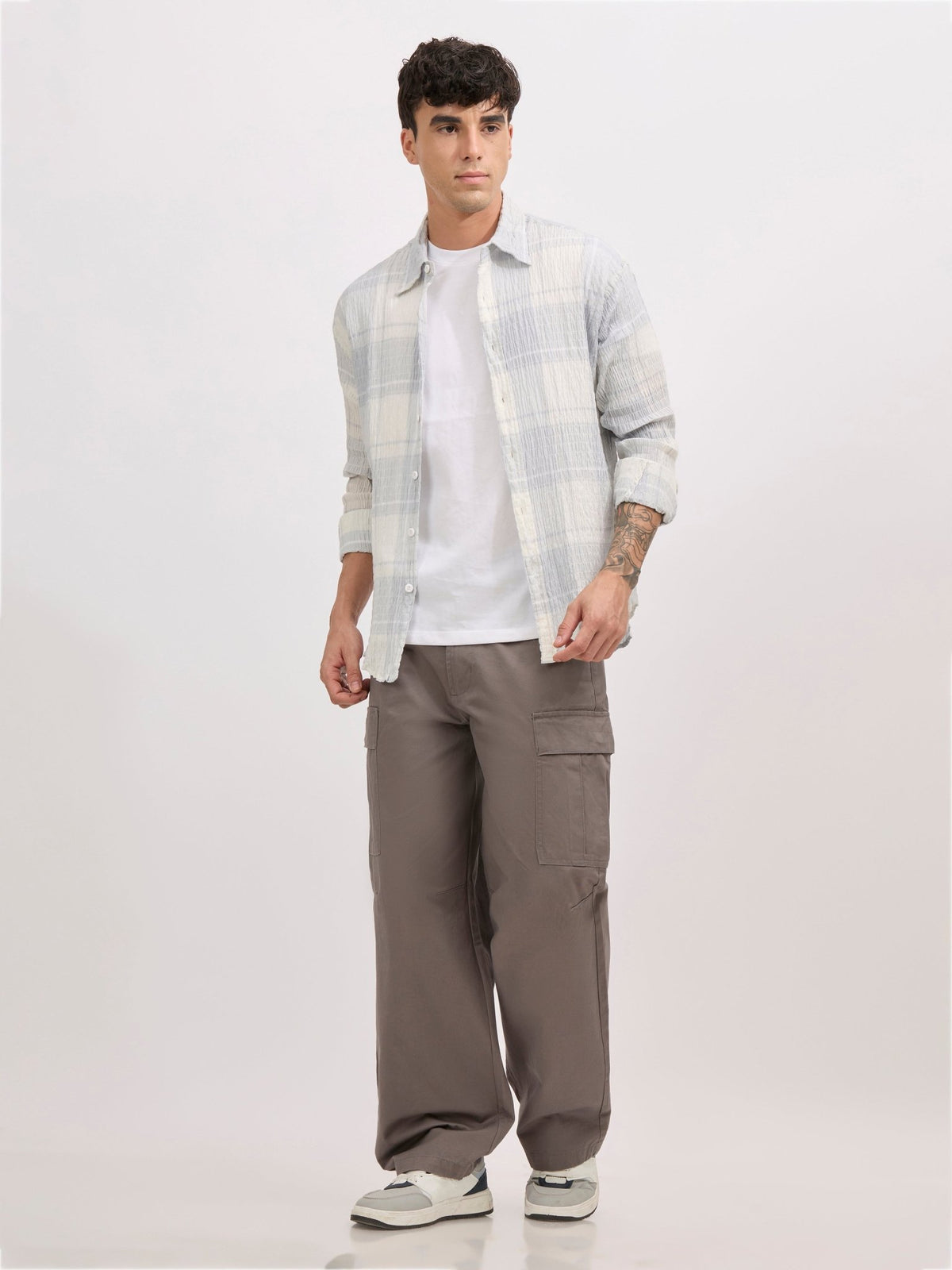 Golden Dragon - Seersucker Check Shirt - Pale Blue - Espanshe