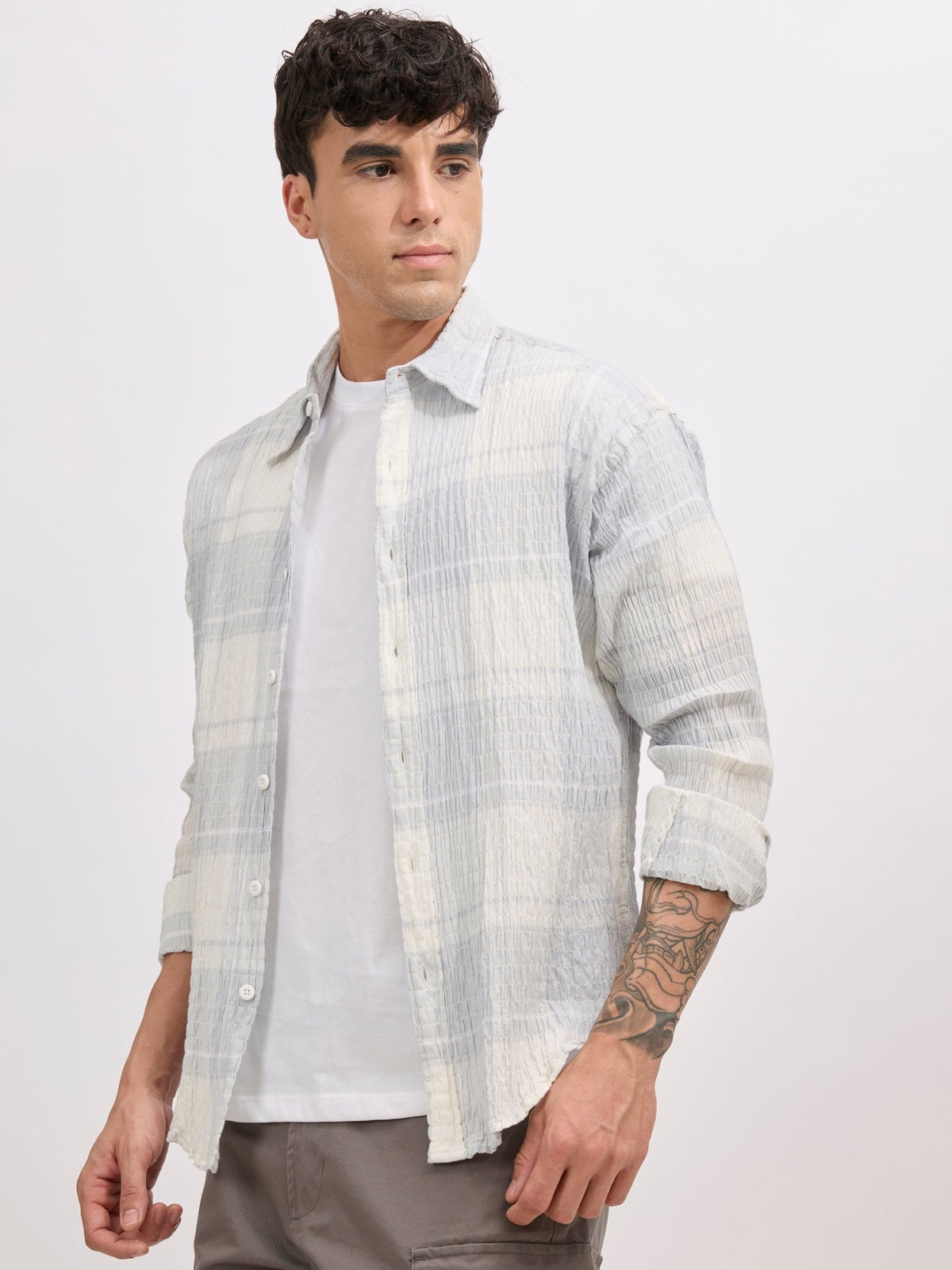 Golden Dragon - Seersucker Check Shirt - Pale Blue - Espanshe