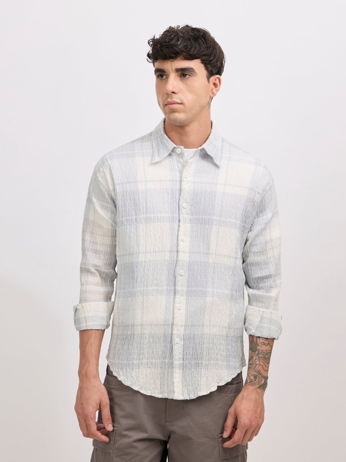 Golden Dragon - Seersucker Check Shirt - Pale Blue - Espanshe