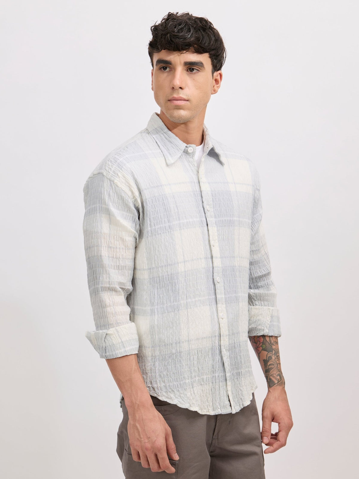 Golden Dragon - Seersucker Check Shirt - Pale Blue - Espanshe