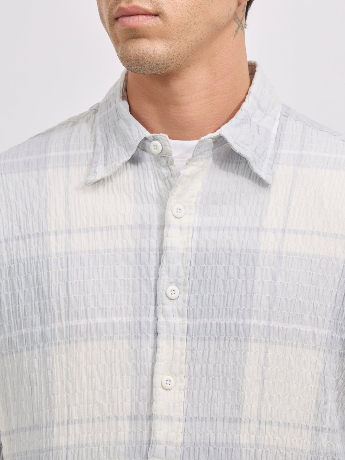 Golden Dragon - Seersucker Check Shirt - Pale Blue - Espanshe