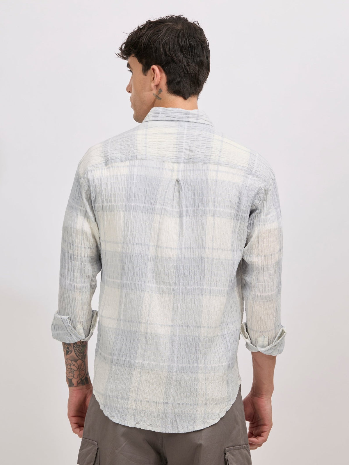 Golden Dragon - Seersucker Check Shirt - Pale Blue - Espanshe