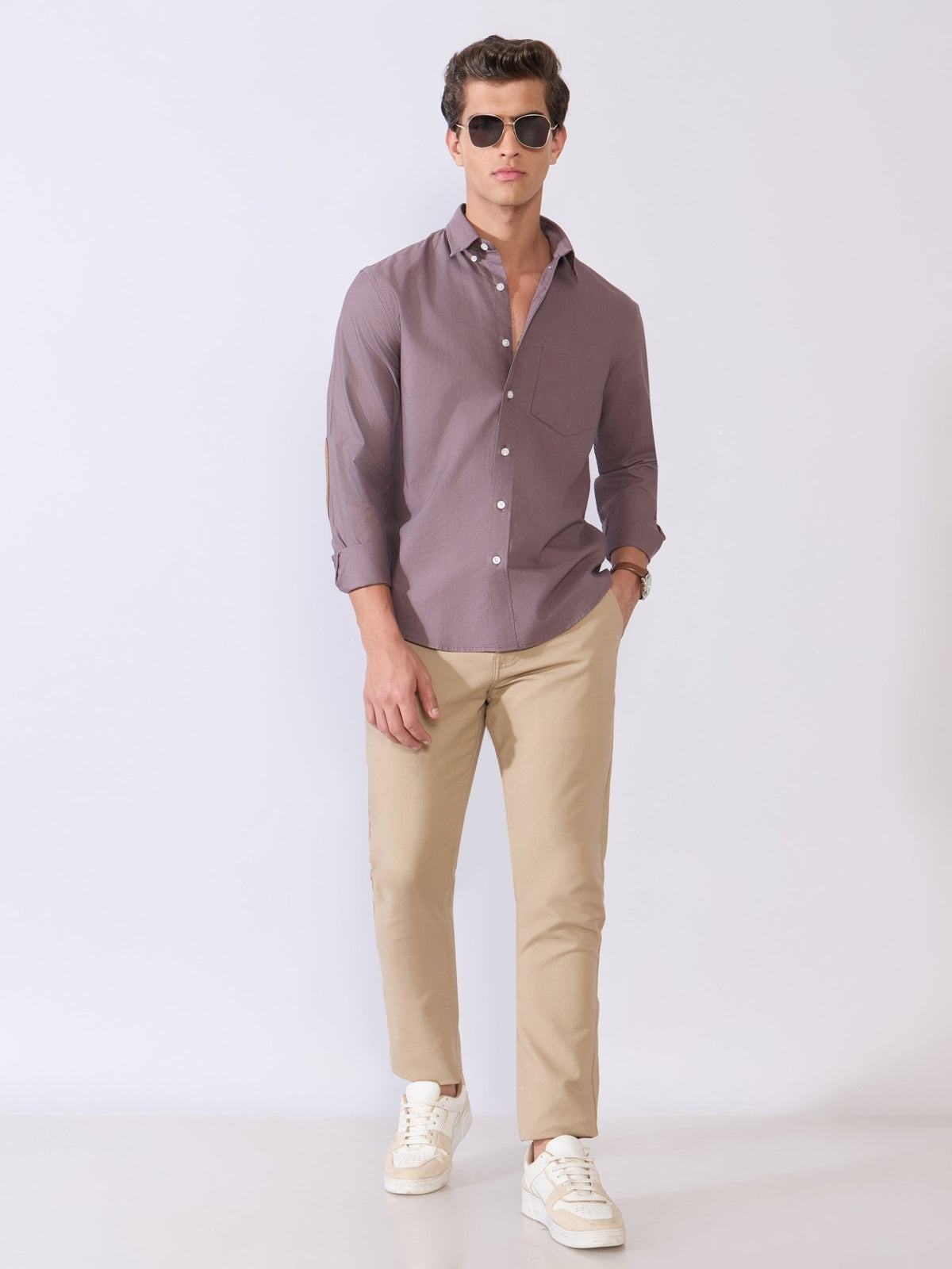 Orbit - Relaxed Fit Oxford Shirt With Elbow Patch - Plum Wine - Espanshe