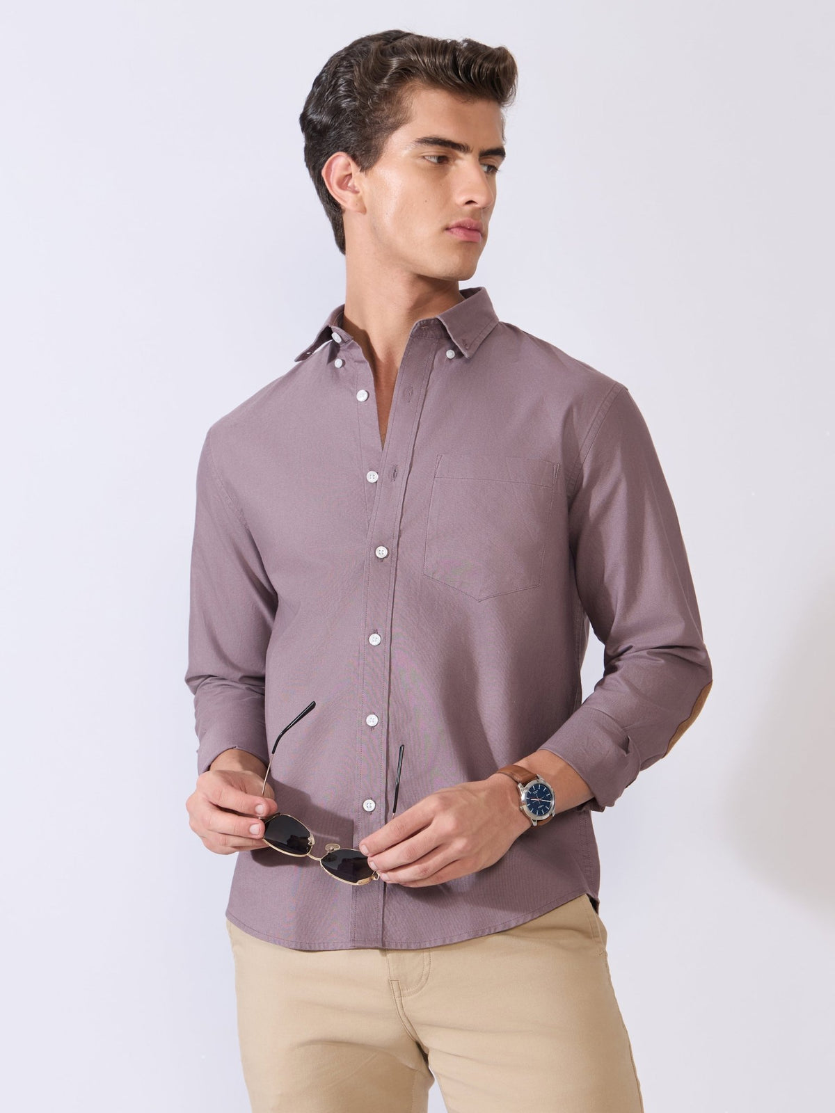 Orbit - Relaxed Fit Oxford Shirt With Elbow Patch - Plum Wine - Espanshe