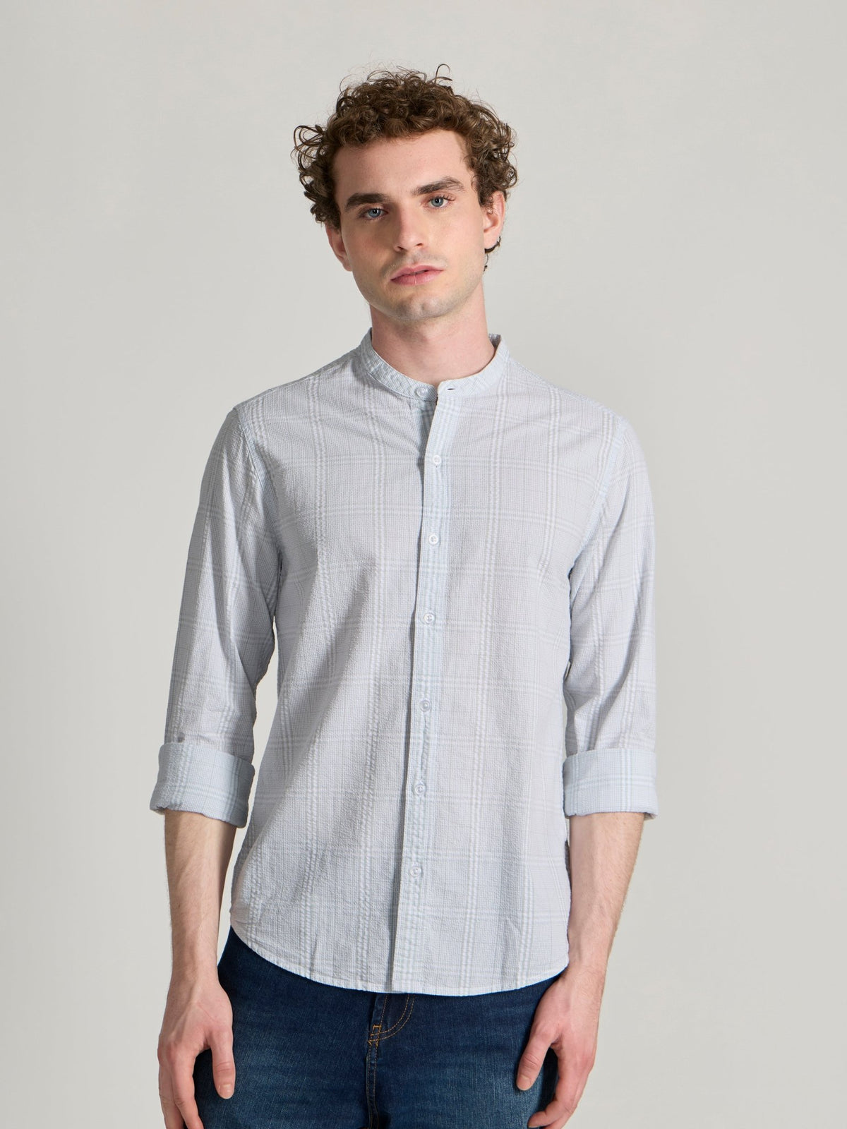 Hadrian - Band Collar Checks Shirt - Light Green - Espanshe