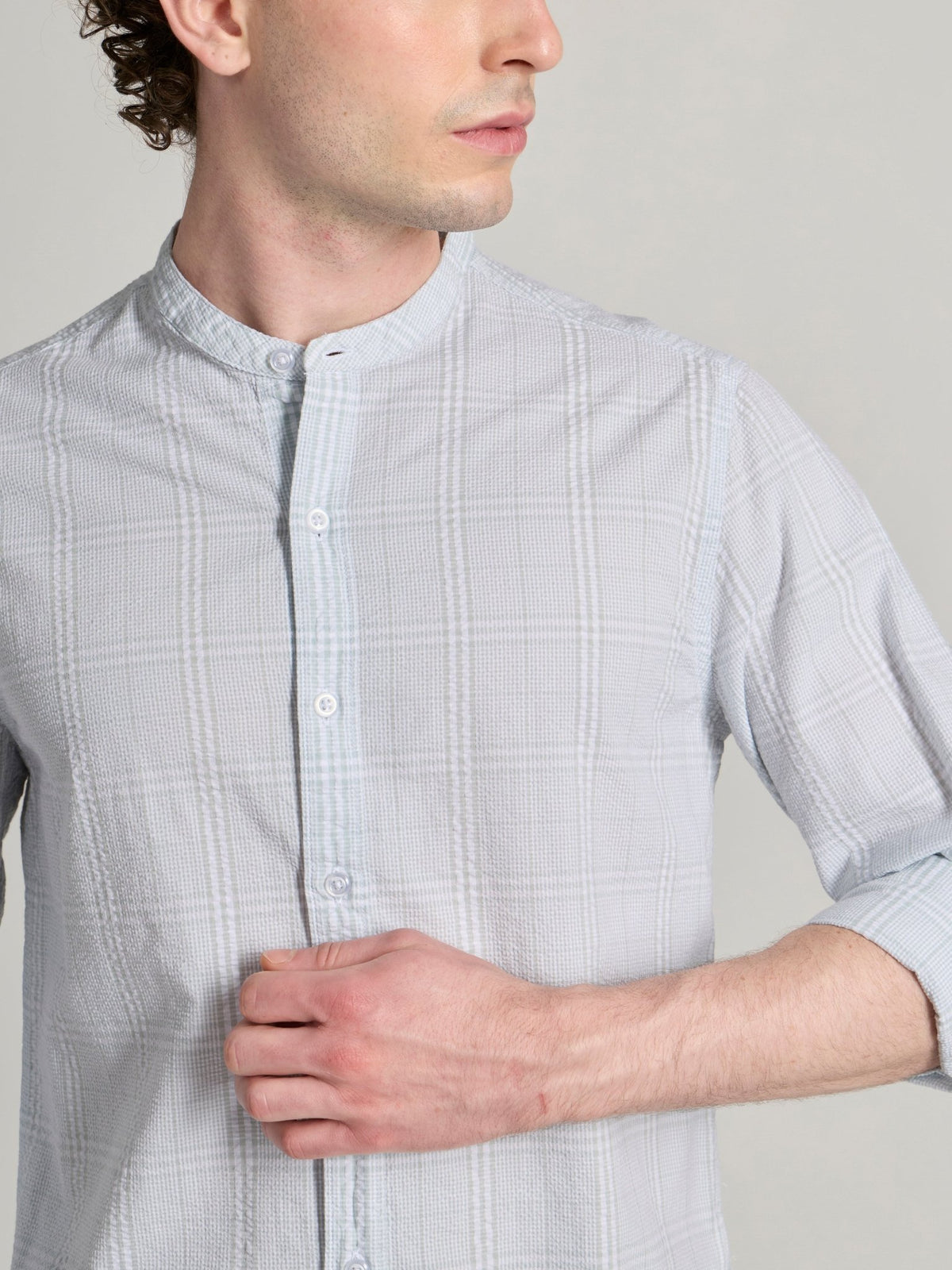 Hadrian - Band Collar Checks Shirt - Light Green - Espanshe