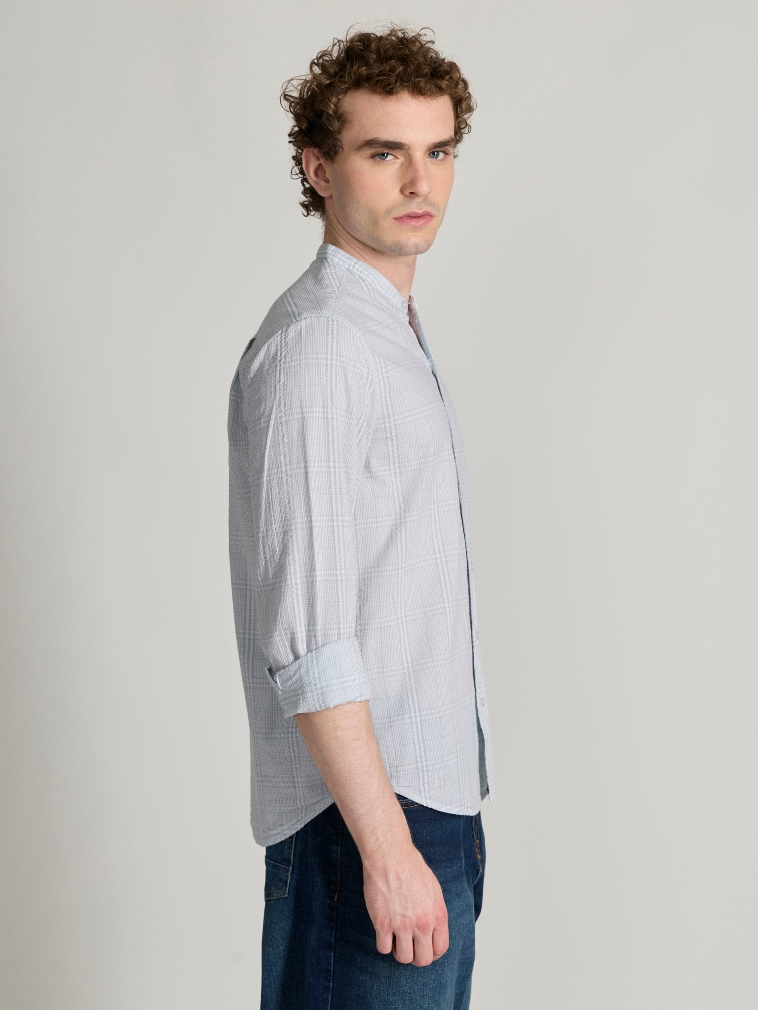 Hadrian - Band Collar Checks Shirt - Light Green - Espanshe
