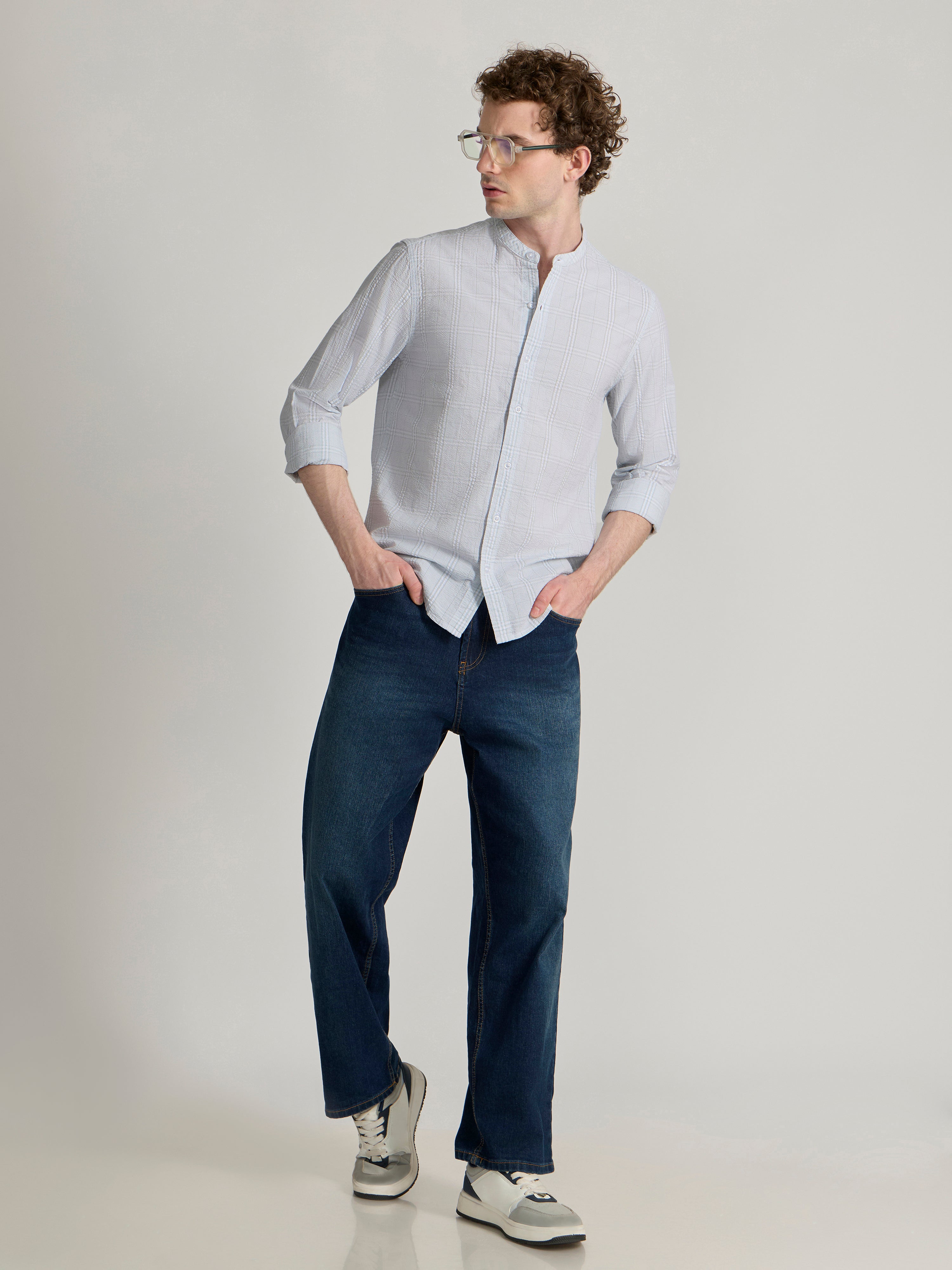 Hadrian - Band Collar Checks Shirt - Light Green