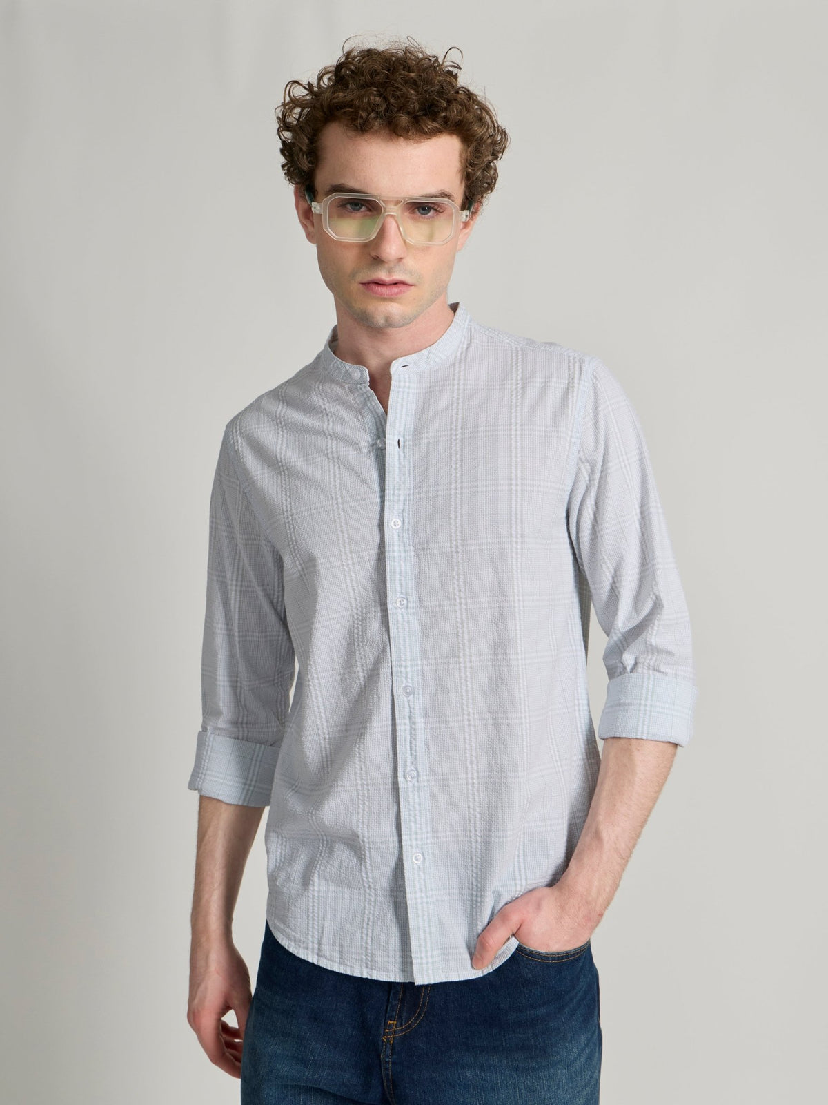 Hadrian - Band Collar Checks Shirt - Light Green - Espanshe
