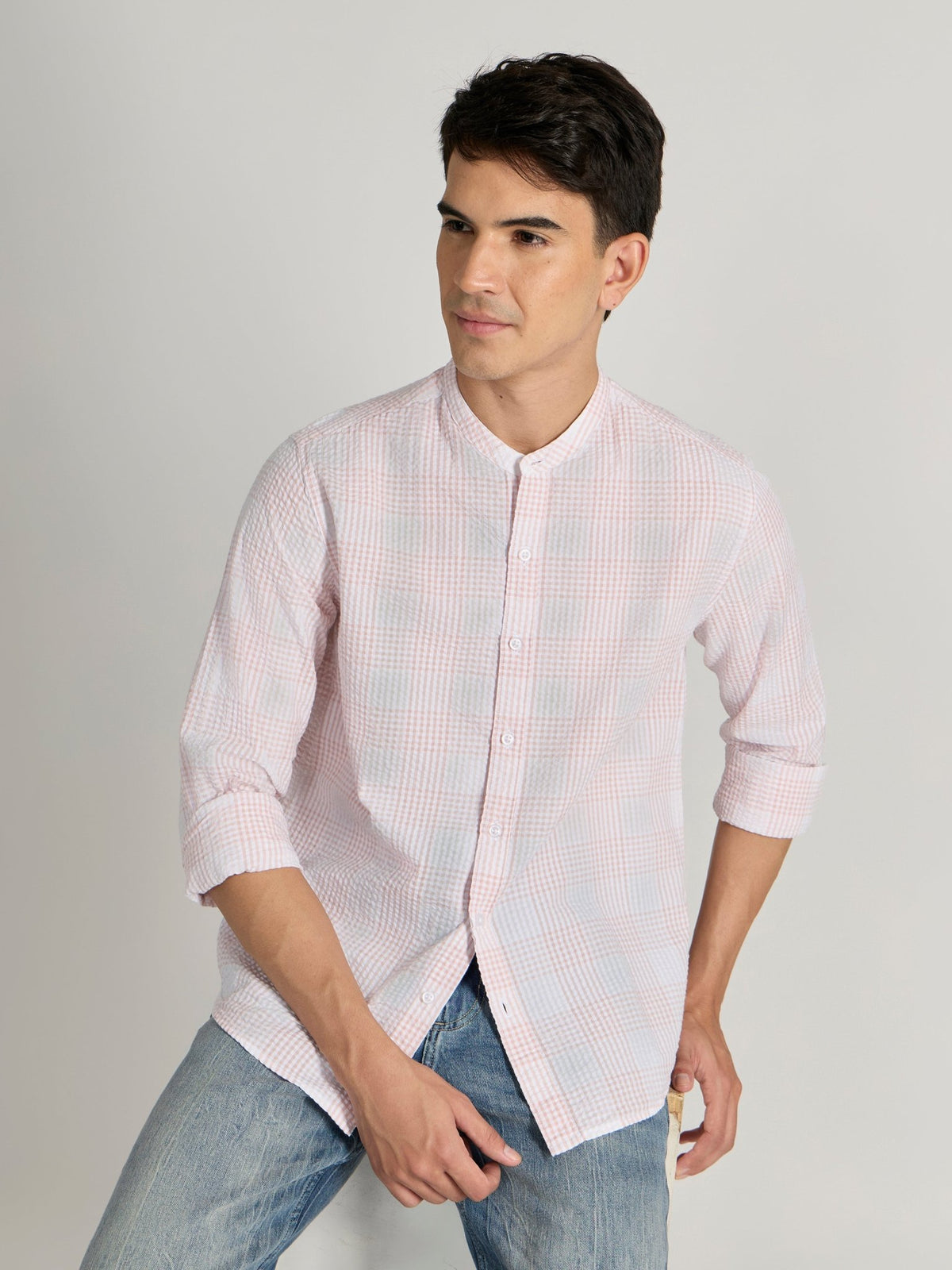 Hadrian - Band Collar Checks Shirt - Light Pink - Espanshe
