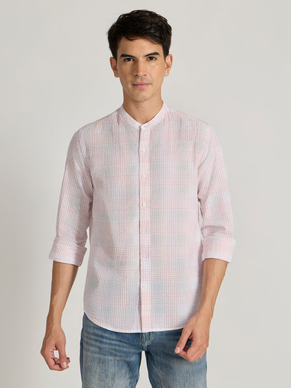 Hadrian - Band Collar Checks Shirt - Light Pink