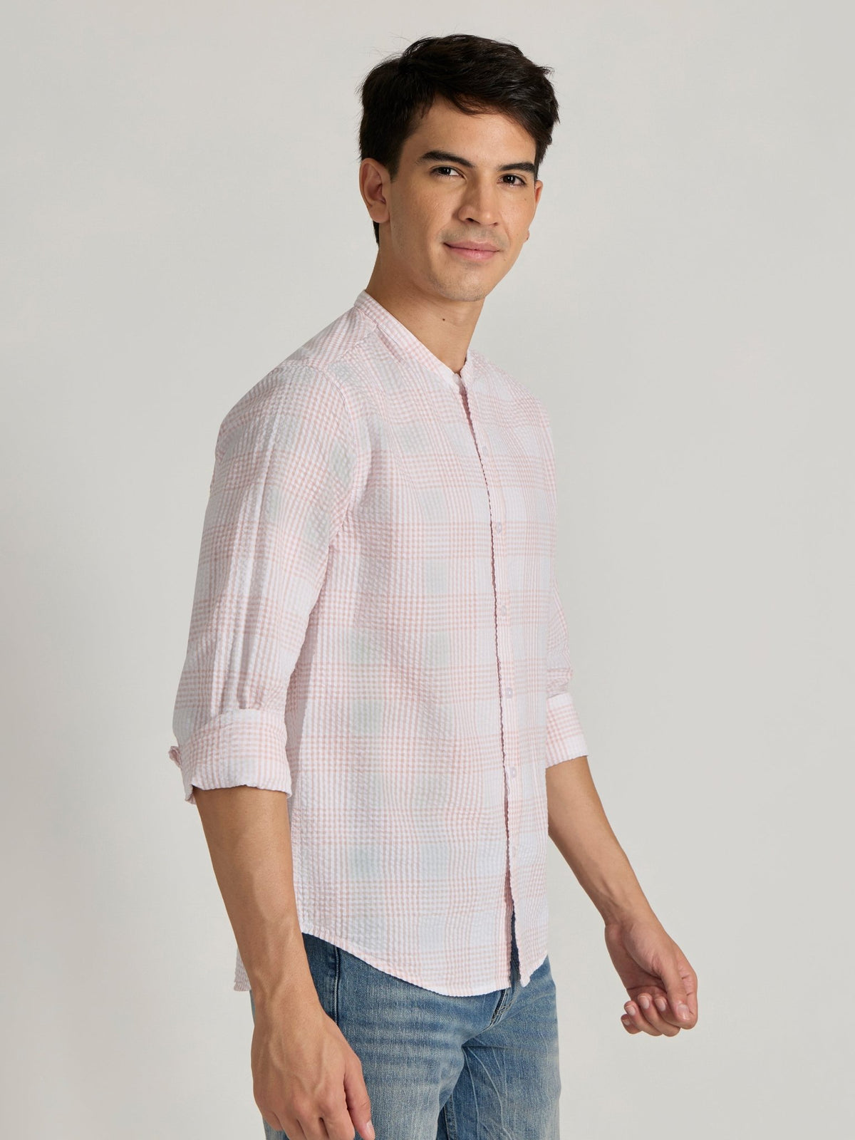 Hadrian - Band Collar Checks Shirt - Light Pink - Espanshe