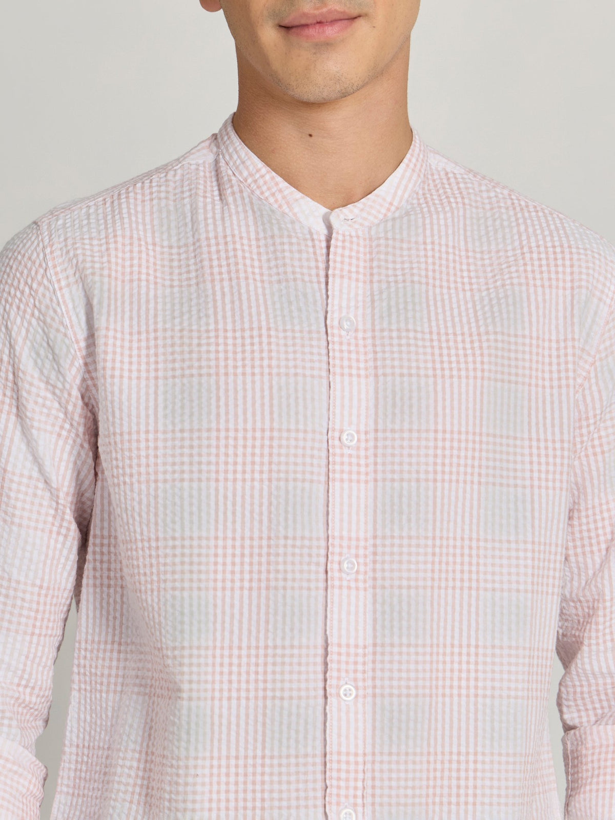 Hadrian - Band Collar Checks Shirt - Light Pink - Espanshe