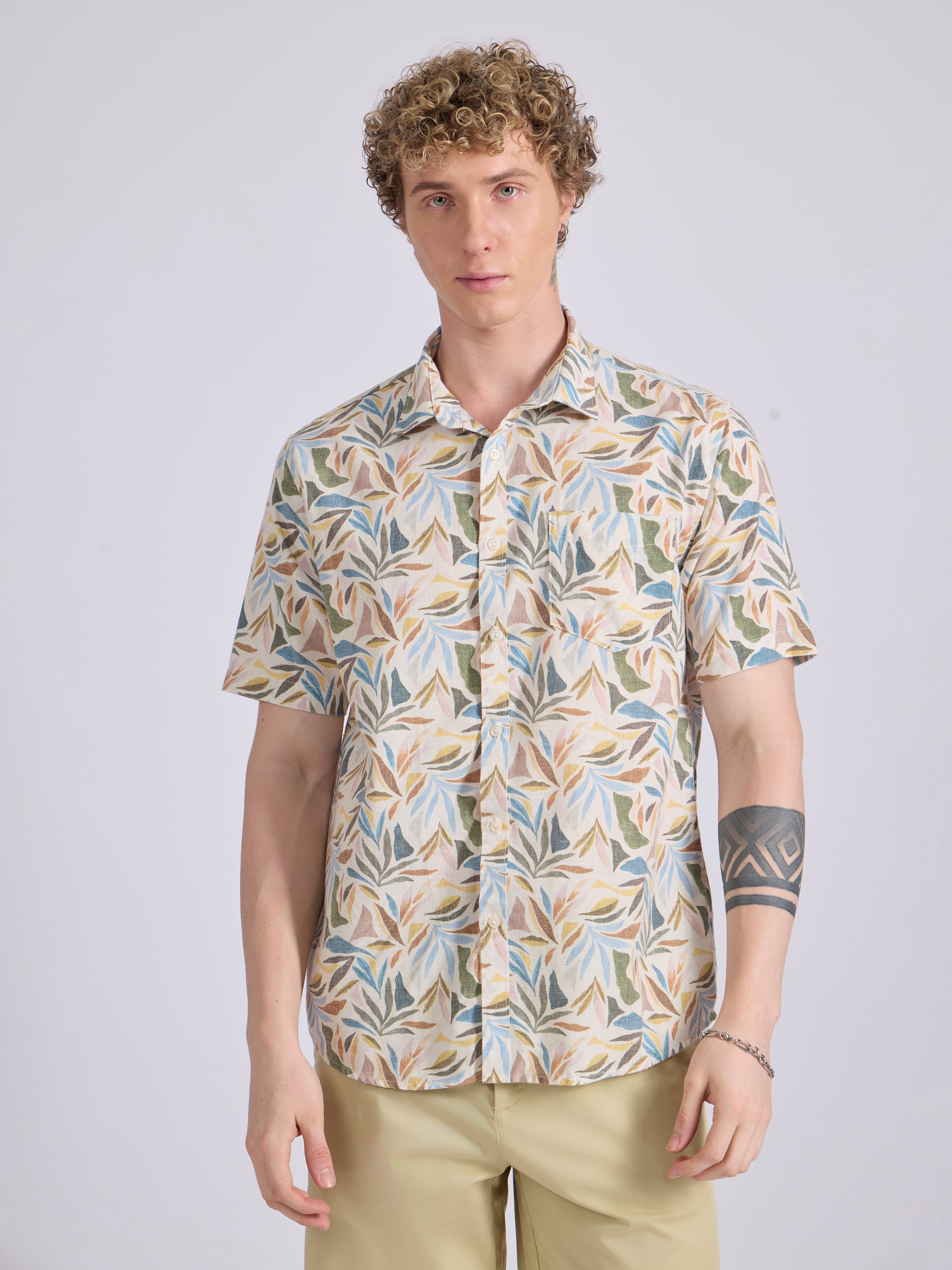 Men's Printed Half Sleeve Shirt  in mustard yellow