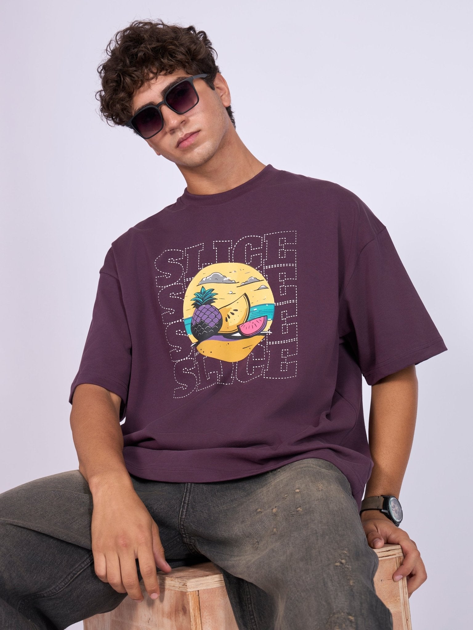 Everston - Slice Printed Baggy T-Shirt - Midnight Plum - Espanshe