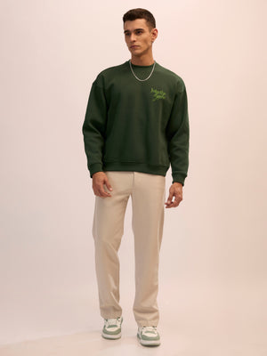 Men's forest green full sleeve fleece sweater tee with front chest print and soft winterwear.