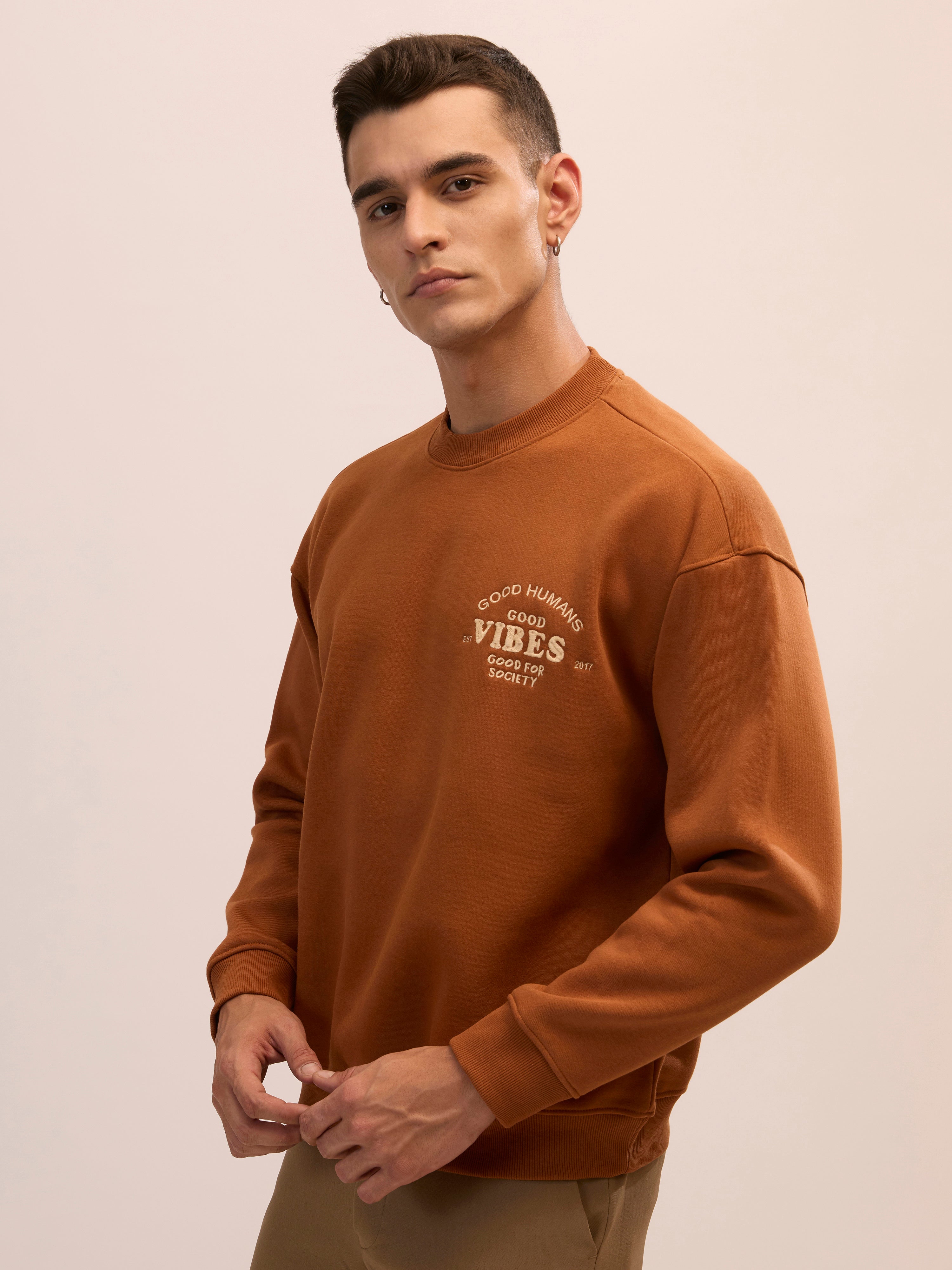 Men's brown full sleeve fleece sweater tee with front chest print and soft winterwear.
