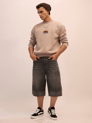 Men's gray full sleeve fleece sweater tee with front chest print and soft winterwear.