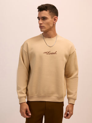 Men's camel beige full sleeve fleece sweater tee with front chest print and soft winterwear.