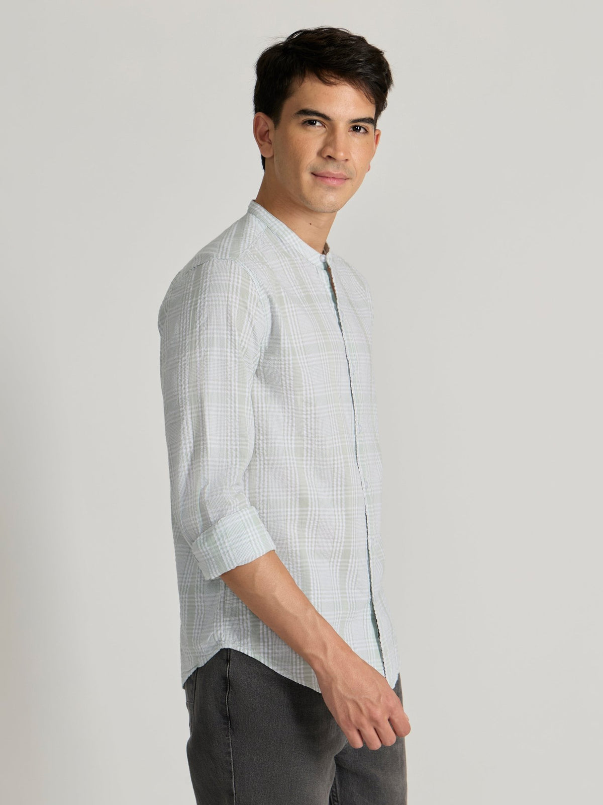 Hadrian - Band Collar Checks Shirt - Green - Espanshe