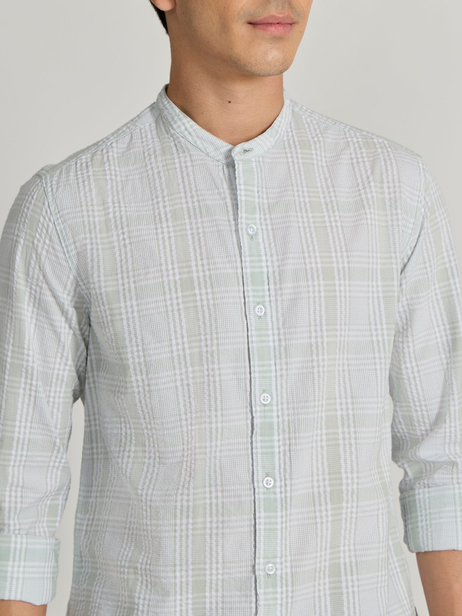 Hadrian - Band Collar Checks Shirt - Green - Espanshe