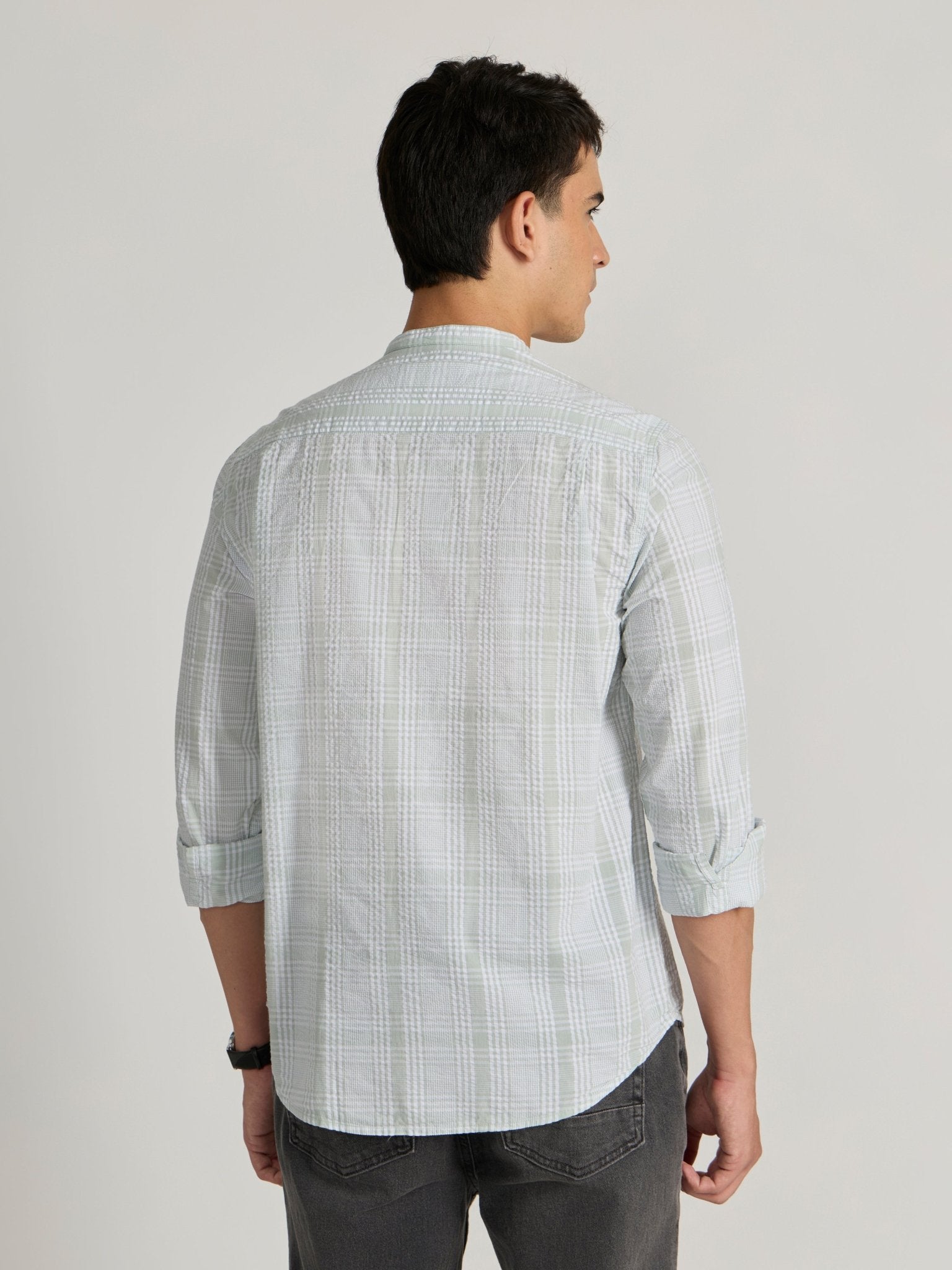 Hadrian - Band Collar Checks Shirt - Green - Espanshe