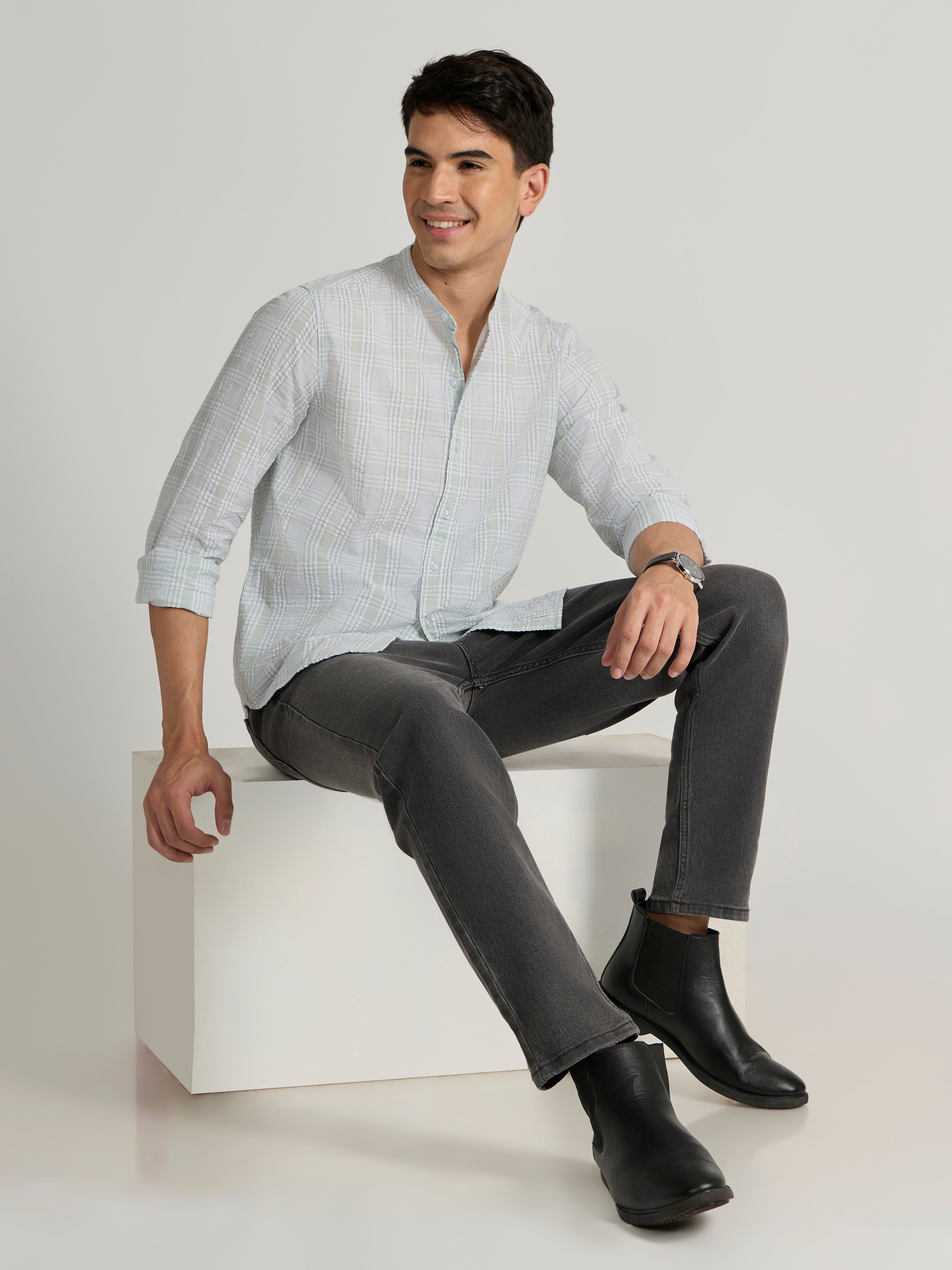 Men's Band Collar Striped Shirt in green