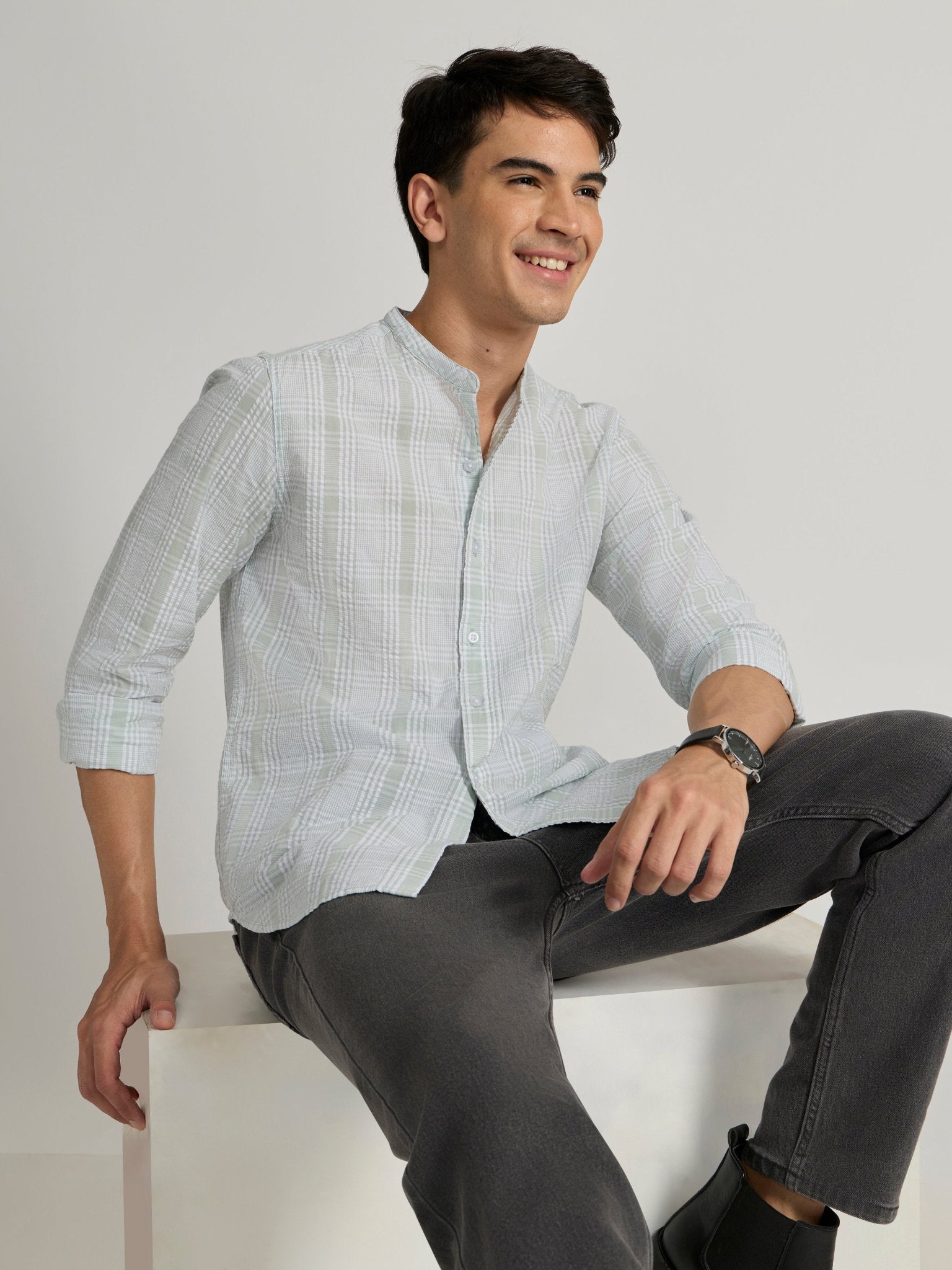 Hadrian - Band Collar Checks Shirt - Green - Espanshe
