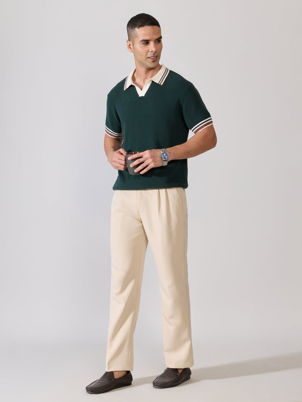 Kikeos-4 - Regular Fit Contrast Collar Knit Polo T-Shirt - Green - Espanshe