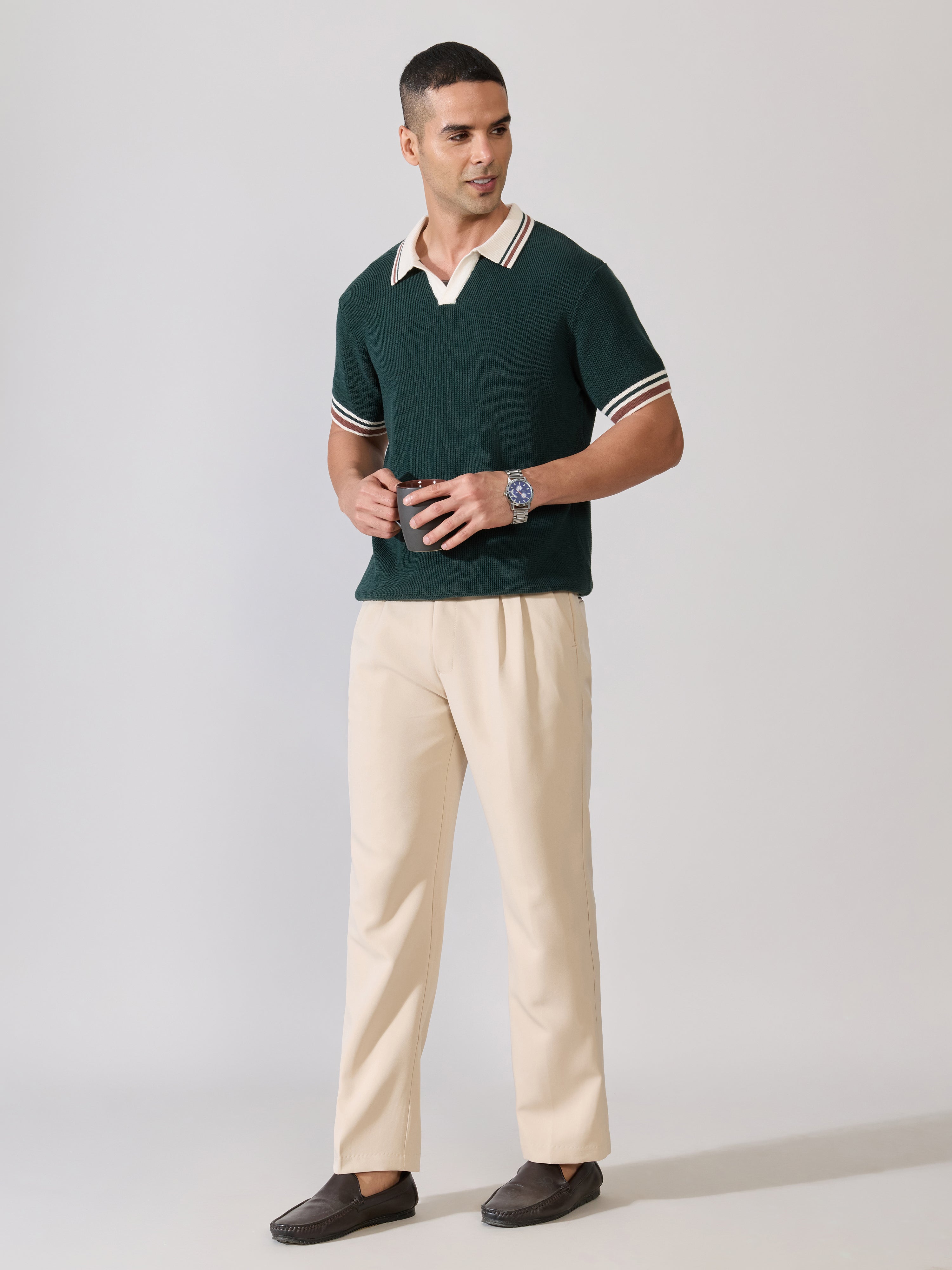 Regular Fit Contrast Collar Knit Polo T-Shirt - Green
