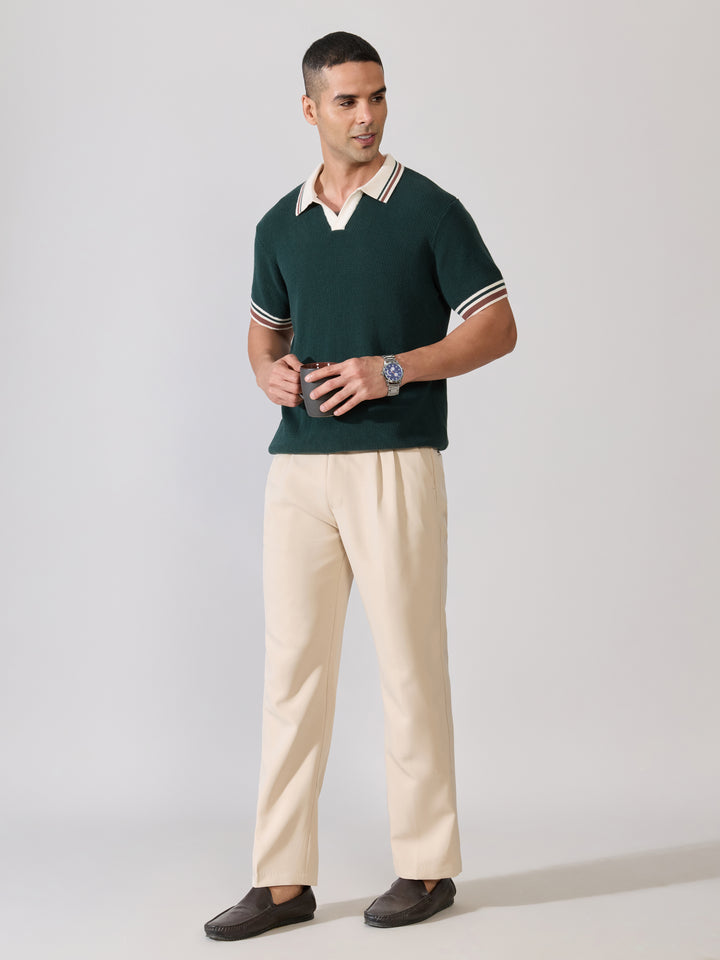 Regular Fit Contrast Collar Knit Polo T-Shirt - Green