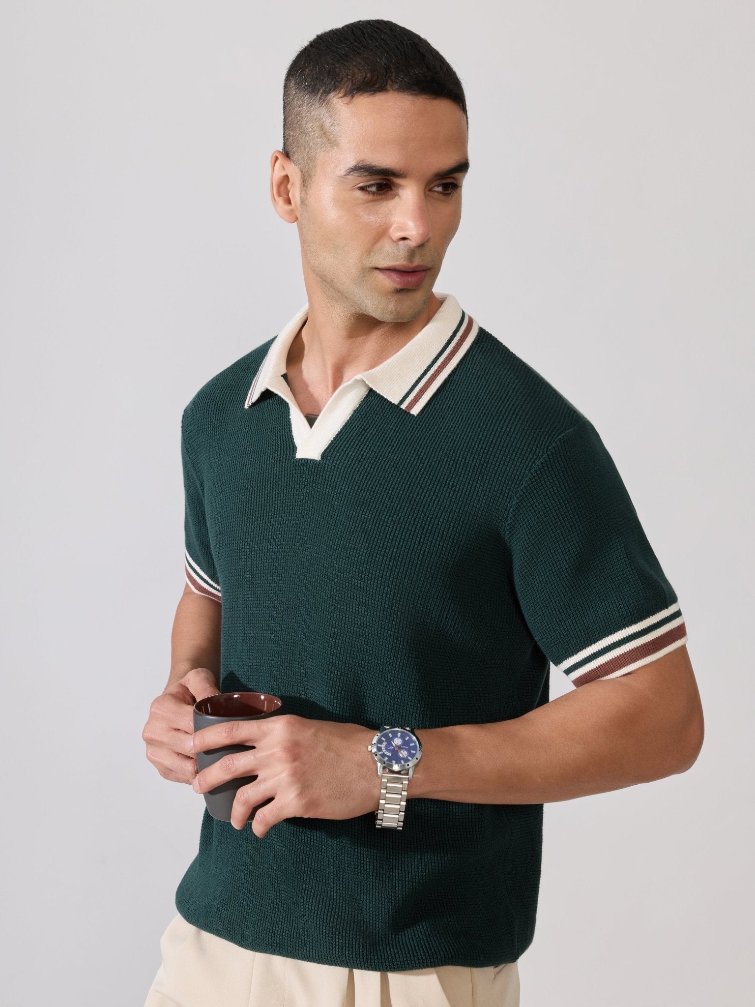 Kikeos-4 - Regular Fit Contrast Collar Knit Polo T-Shirt - Green - Espanshe