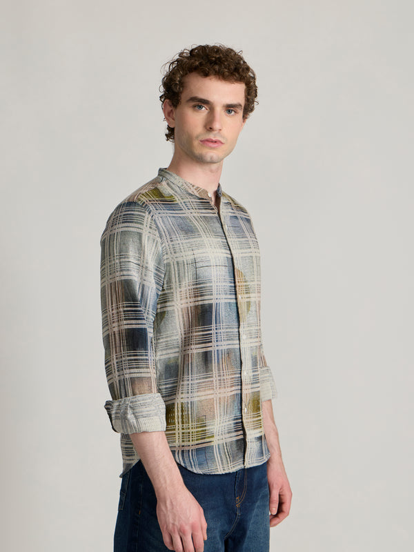 Nevan - Band Collar Checkered Print Shirt - Olive