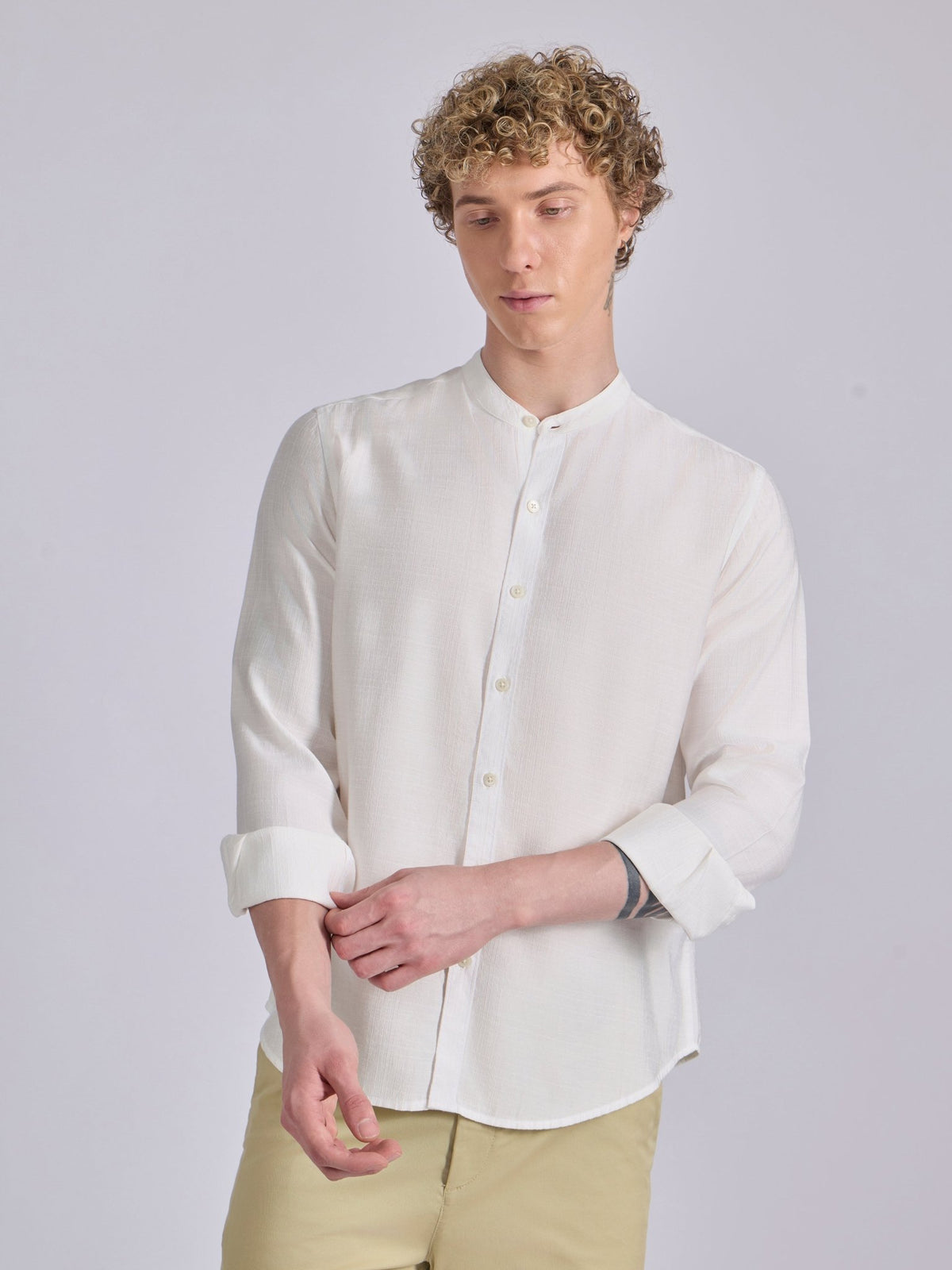 Pryor - Band Collar Plain Shirt - White - Espanshe