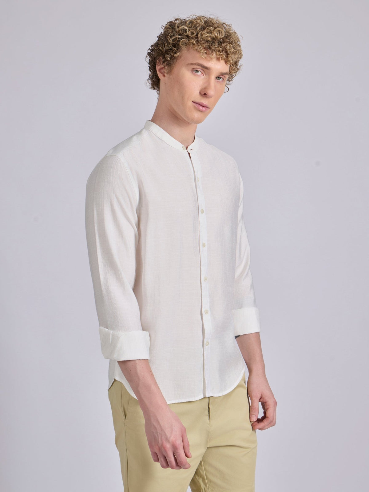 Pryor - Band Collar Plain Shirt - White - Espanshe