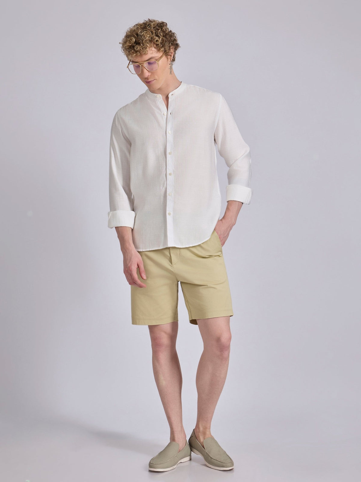 Pryor - Band Collar Plain Shirt - White - Espanshe