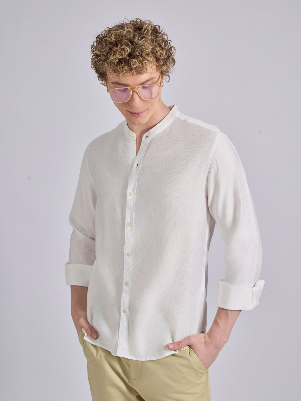 Pryor - Band Collar Plain Shirt - White - Espanshe