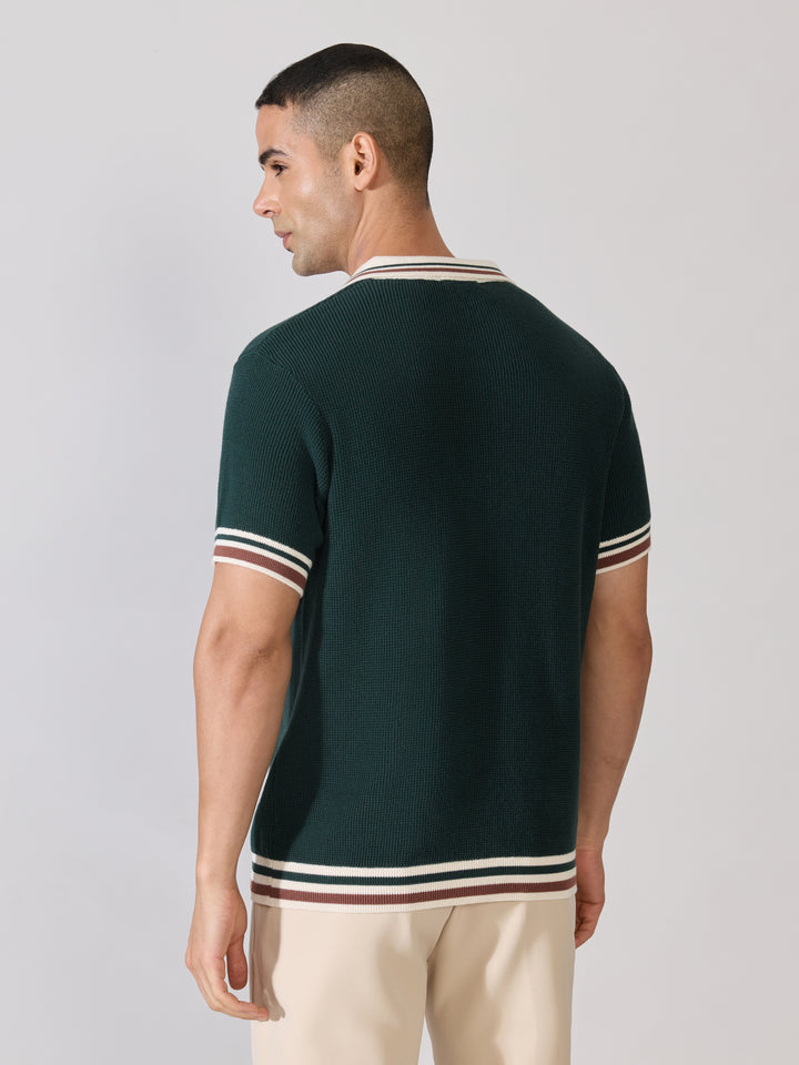 Regular Fit Contrast Collar Knit Polo T-Shirt - Green