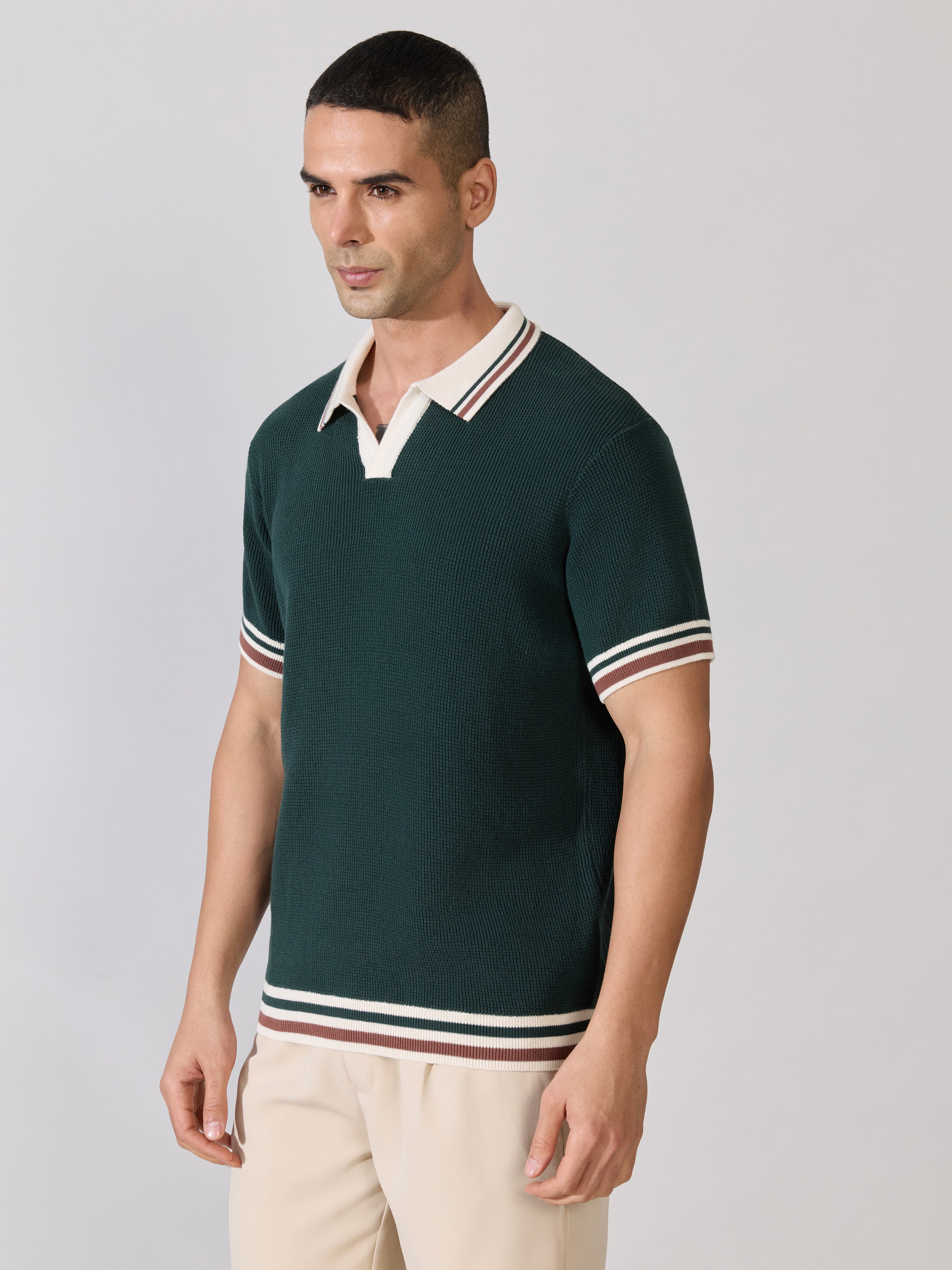 Regular Fit Contrast Collar Knit Polo T-Shirt - Green
