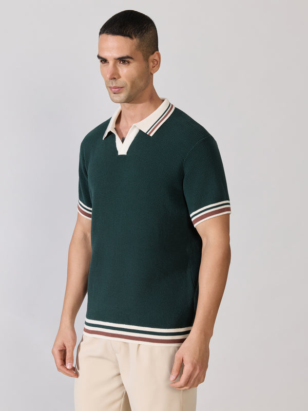 Regular Fit Contrast Collar Knit Polo T-Shirt - Green