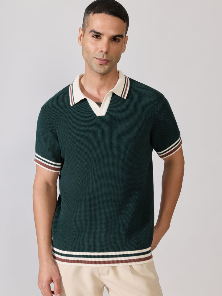 Regular Fit Contrast Collar Knit Polo T-Shirt - Green