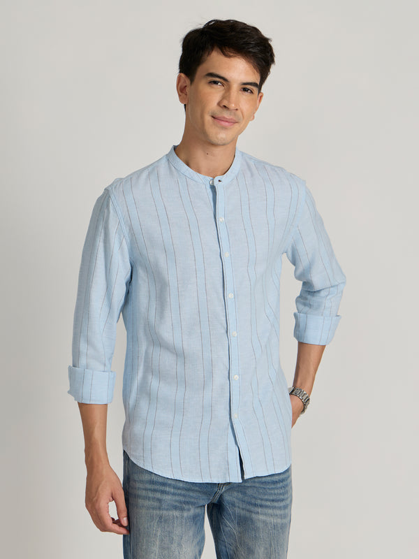 Salvator - Band Collar Striped Shirt - Sky Blue