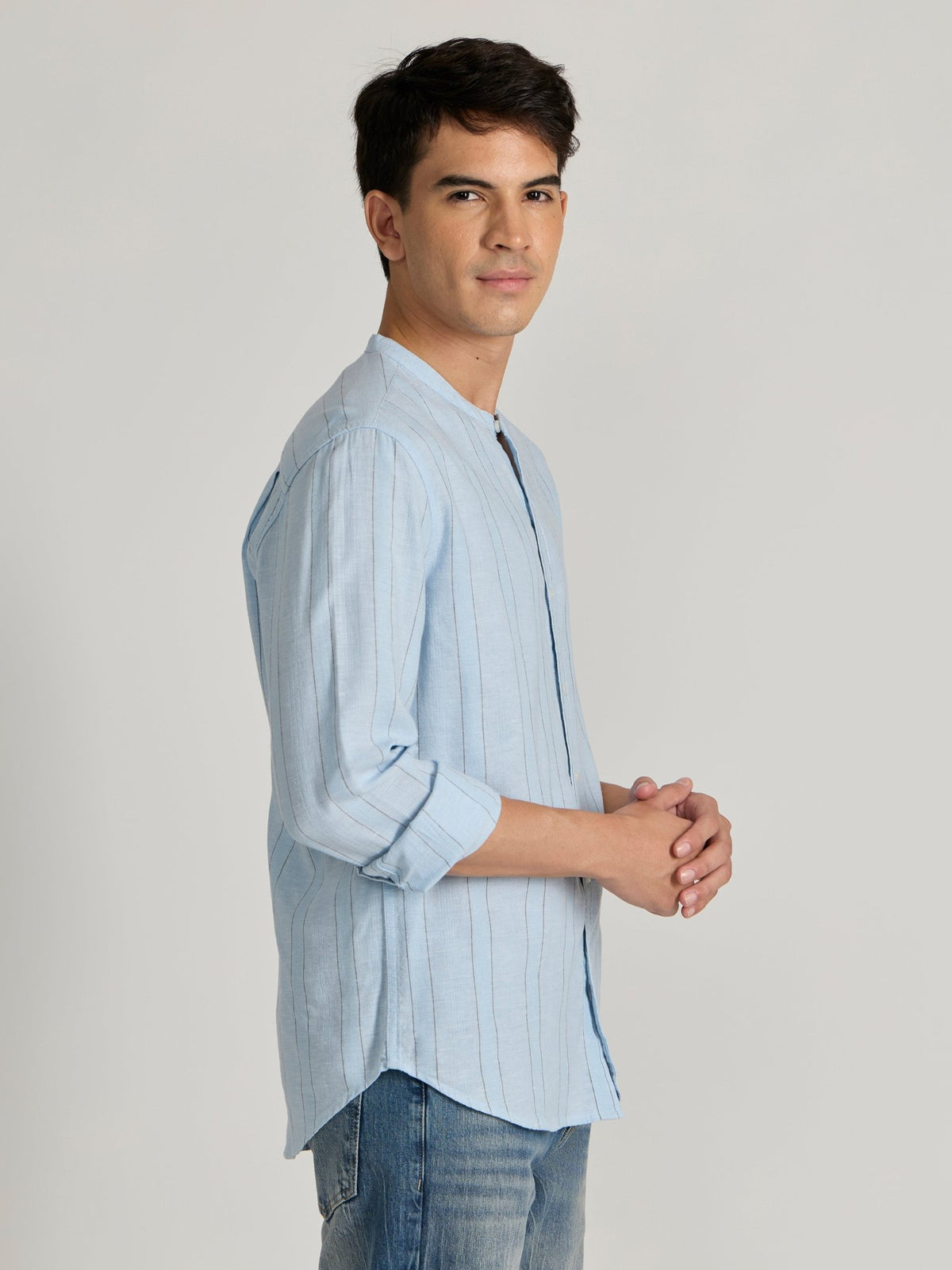 Salvator - Band Collar Striped Shirt - Sky Blue - Espanshe