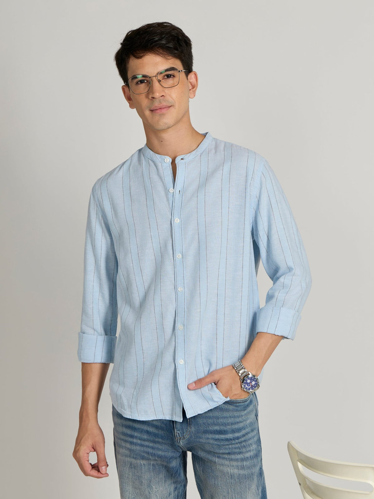 Salvator - Band Collar Striped Shirt - Sky Blue - Espanshe